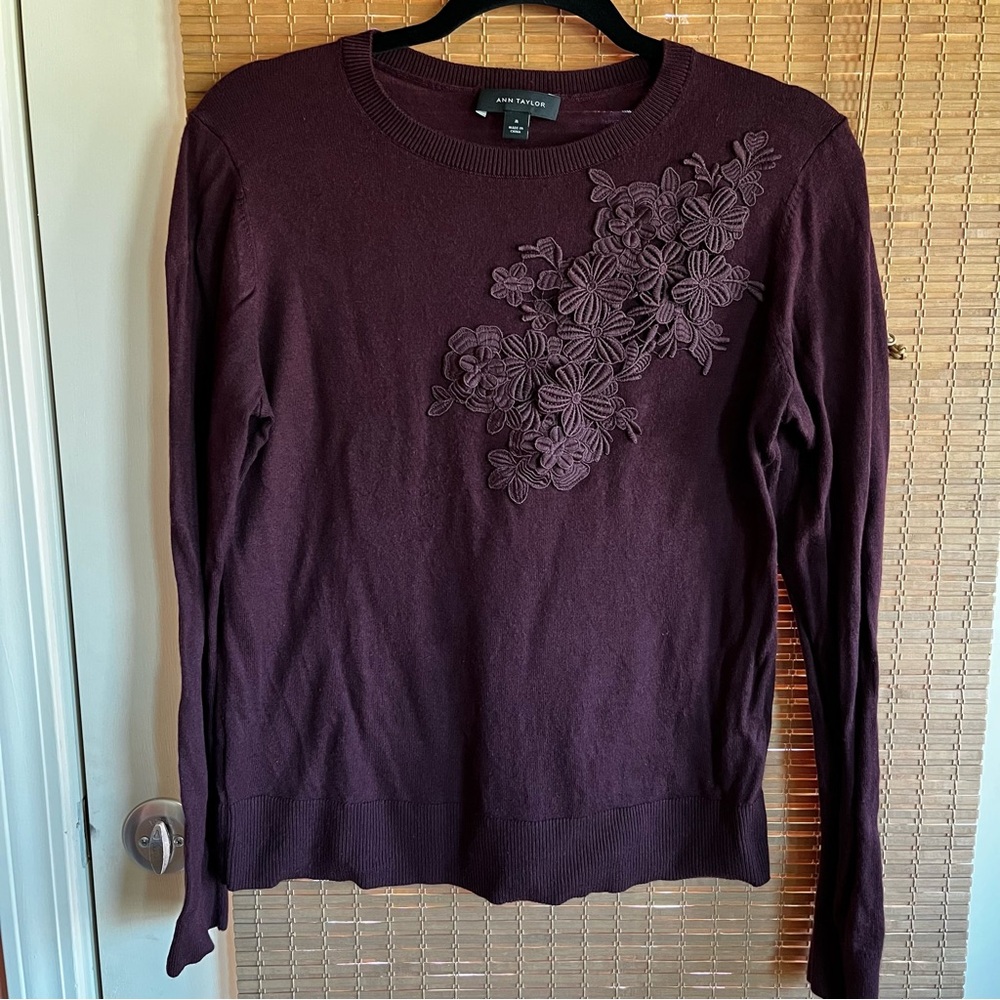 Ann Taylor Plum Sweater with Floral Detail